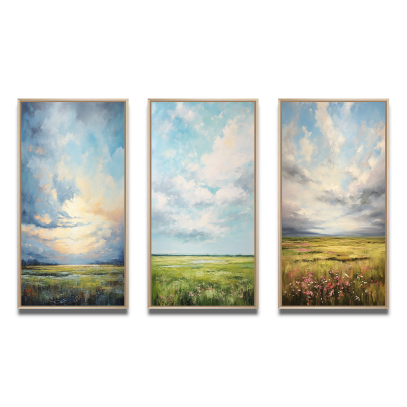 «Meadow Bold Horizon», 3 pièces sur toile, Cadre naturel flottant, H 20 po x l 36 po