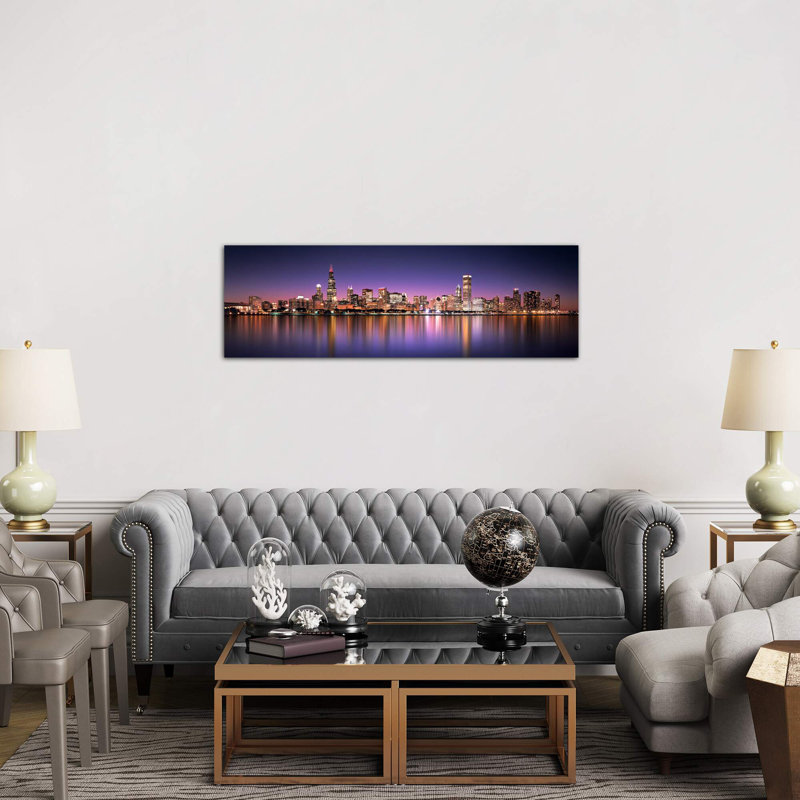 Reflection of Skyscrapers in A Lake, Lake Michigan, Digital Composite, Chicago, Cook County, Illinois, Usa 1 Piece Wrapped Canvas Panoramic Wall Art