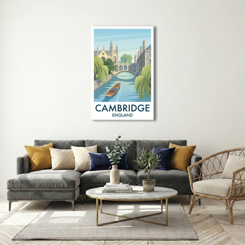 Cambridge, England - Romantic Travel Poster Of The River Cam And Historic Colleges. Giclée Print On Wrapped Canvas. Wall Art, Home Decor - Cities & Towns, England - Wrapped Canvas Print