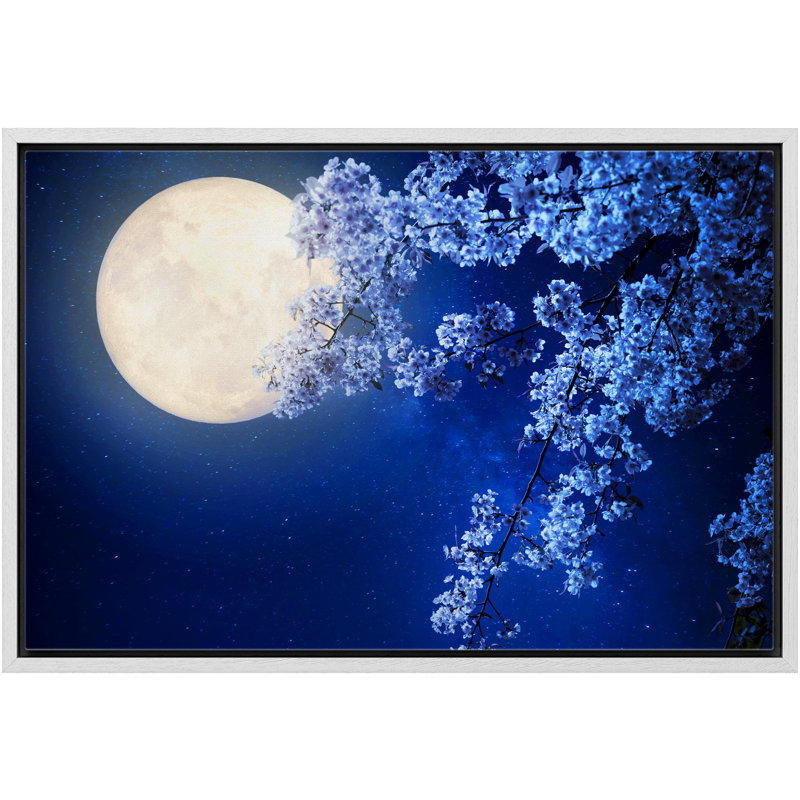 Pleine lune brillante et fleurs en fleurs sur des branches - cadre flottant, impression sur toile, Cadre blanc