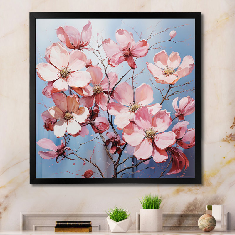 Impression de cornouiller rose et gris - impression, H 30 po x l 30 po x P 1 po, Cadre simple noir