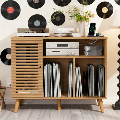 Record Player Stand With Charging Station, Holds 350 Albums by George Oliver
