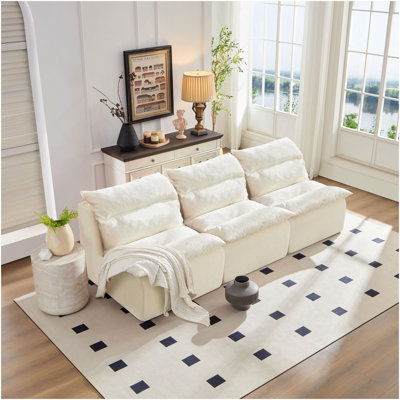 Canapé à 3 places avec dossier et fauteuil entièrement comprimé convenant au salon, à la chambre à coucher, en polyester, blanc