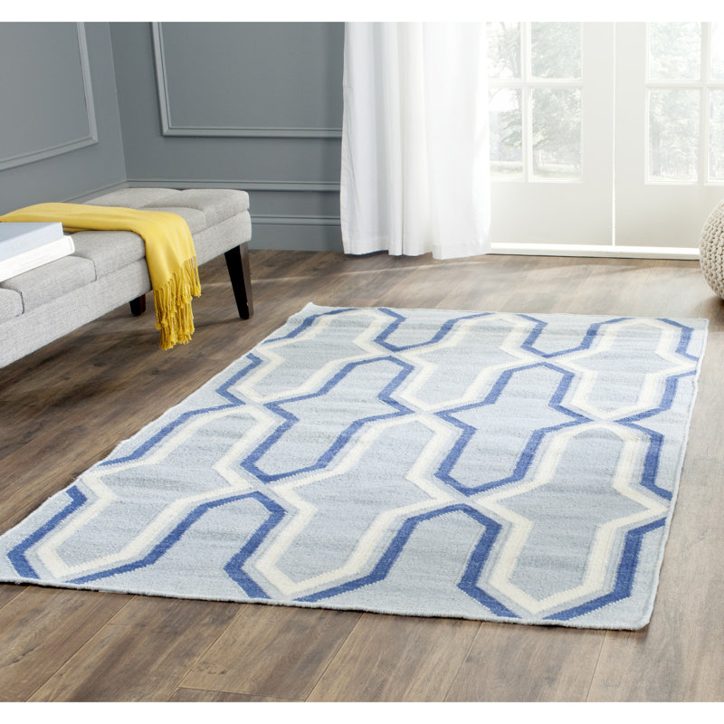 Rodgers Hand Woven Flat Weave Wool/Cotton Geometric Rug in Light Blue/Dark Blue, Rectangle 4' x 6'