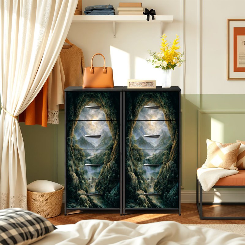 Commode pour chambre à coucher avec 4 tiroirs de rangement Mystical Mountain Landscape vu de Cave Misty River Sky Commodes