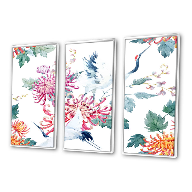 Oiseau grue avec fleurs - 3 pièces, reproduction sur toile, H 32 po x l 48 po x P 1 po, Cadre blanc