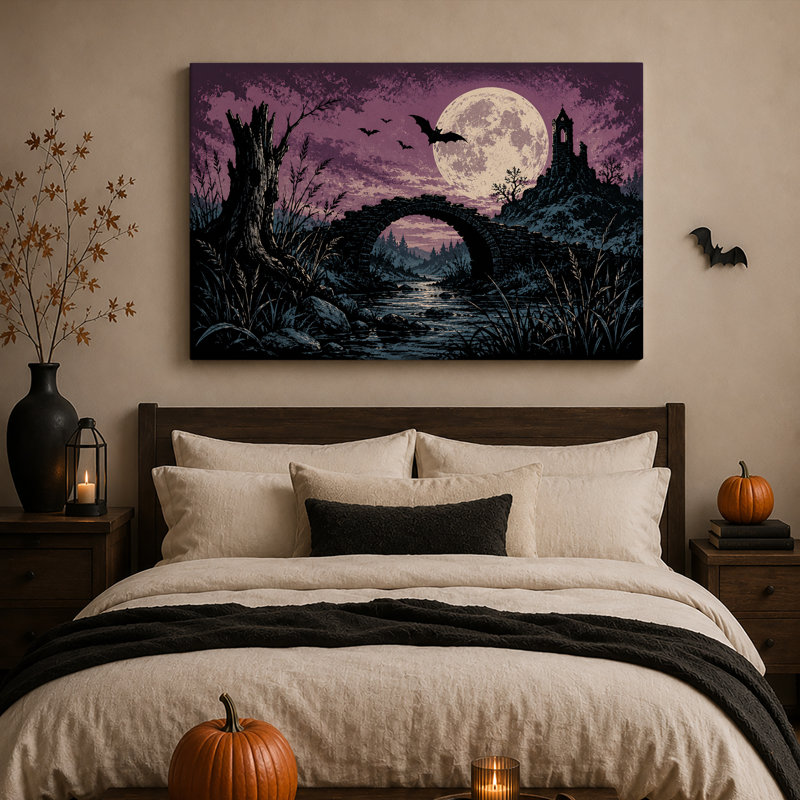 Pont de pierre et tour en ruine sous une lune violette - Toile murale d'Halloween, H 16 po x l 24 po
