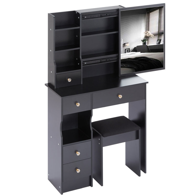 29.2" Vanity Table With Mirror And Storage For Small Space, Black