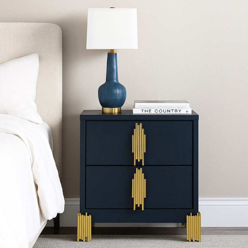 Theo Nightstand, 2 Drawers, Retro Gold Handles And Black Wood, 25 Inch