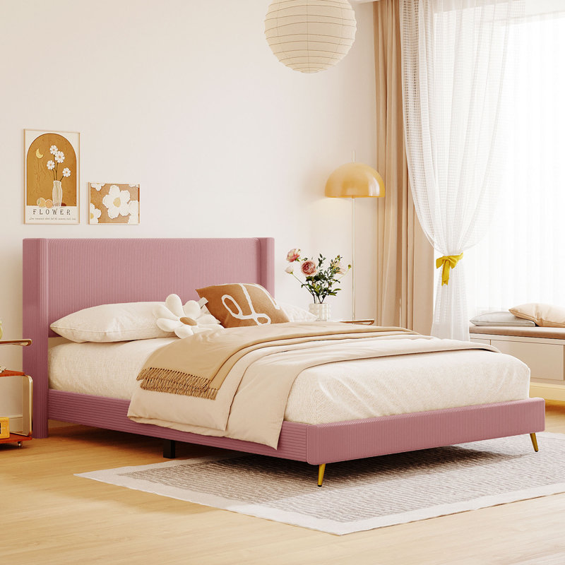 Queen Size Corduroy Platform Bed With Headboard, Pink Incorrect