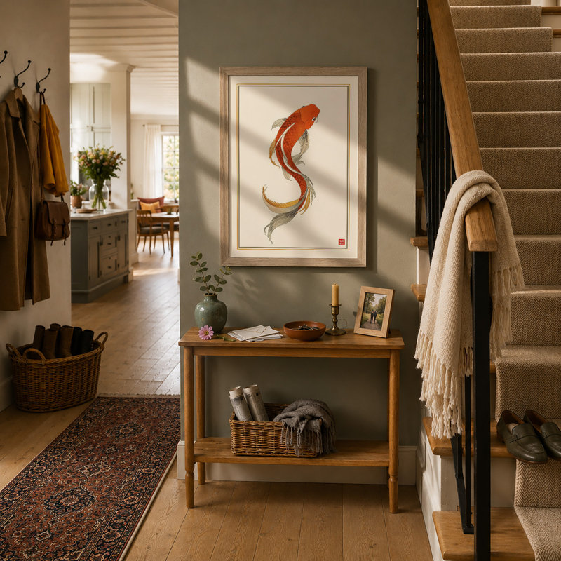 Ascending Koi Japandi - Framed Print, A2 - 59.4 x 42.0 cm, Oak