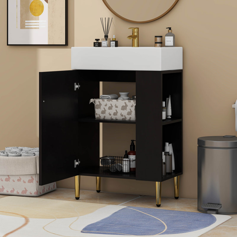 Bathroom Storage Cabinet, Single Ceramic Sink, Right Side Storage, Black