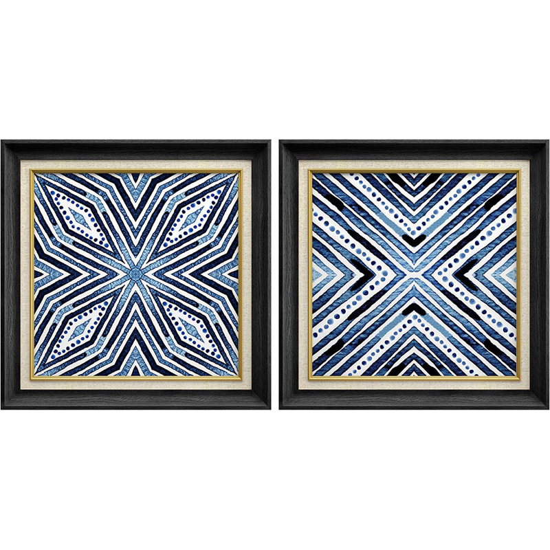 «Blue Pastel Watercolor Diamond», ensemble de 2 peintures sur toile encadrées, Noir