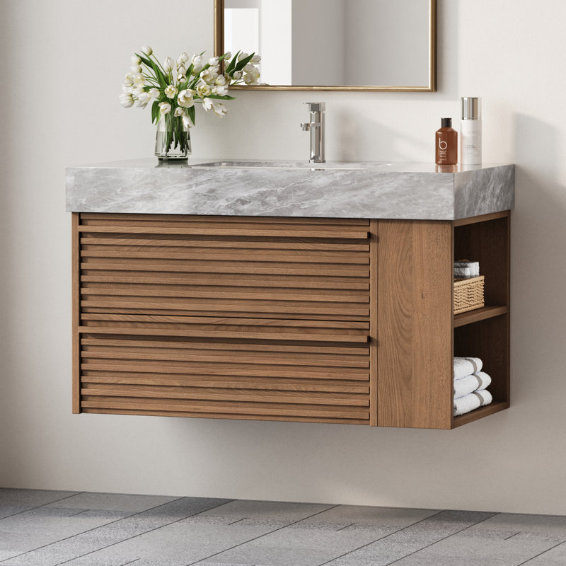 Meuble-lavabo moderne simple 36 po avec plateau en marbre 36 po, Bois foncé