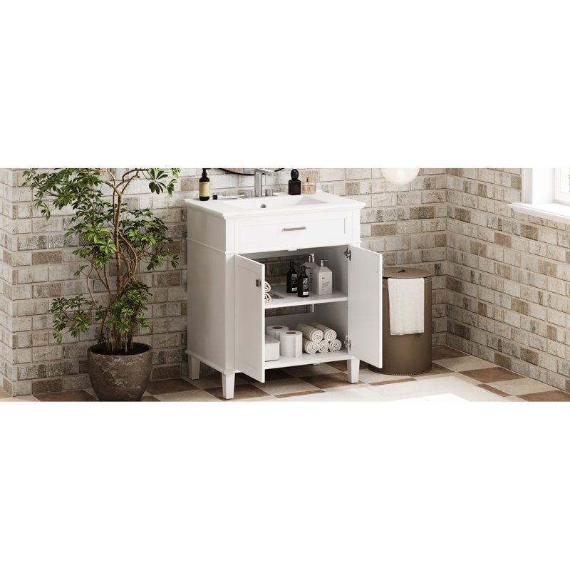 Meuble-lavabo de 30 po, lavabo en céramique, tablettes réglables, portes à fermeture en douceur, White