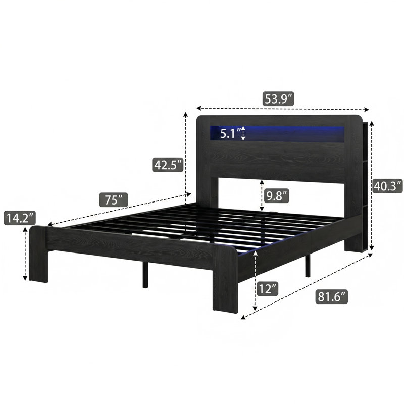 Structure de lit plateforme en bois noir foncé avec tête de lit à DEL avec rangement, deux ports USB, fonctionnement silencieux, aucun sommier requis, outils d'assemblage faciles, grand rangement sous le lit