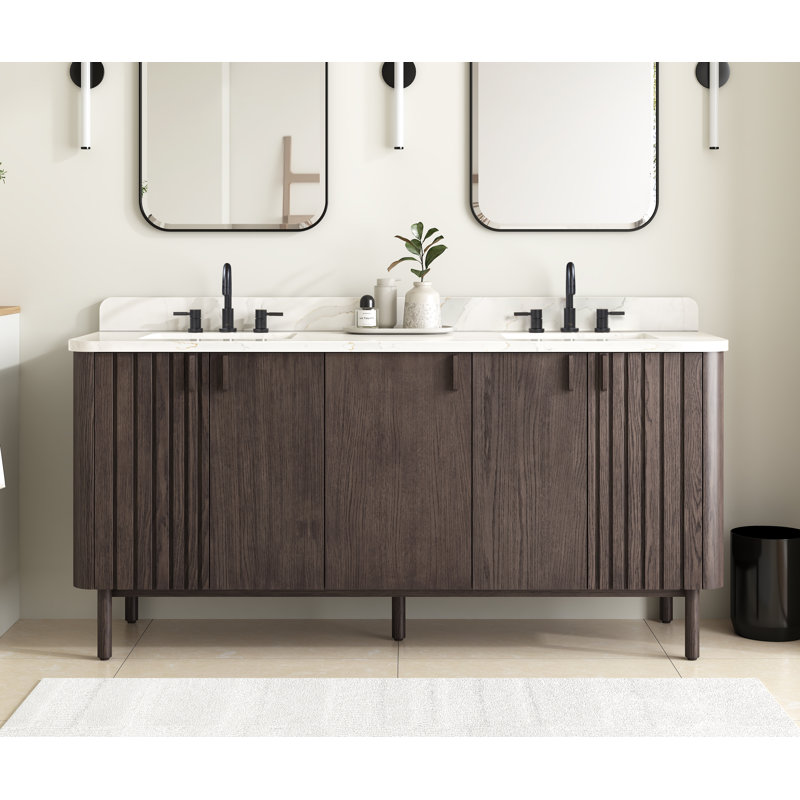 Blakely 72" Free Standing Double Bathroom Vanity with Quartz Top, Brown, Black, 73"