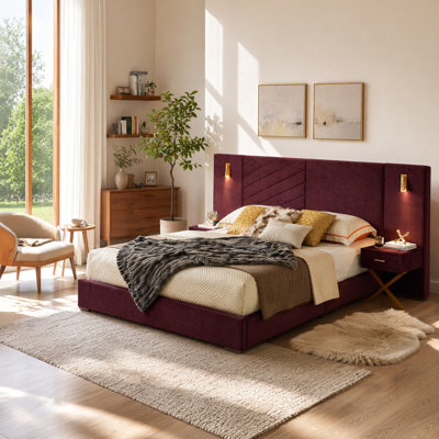 Modern Velvet Upholstered Platform Bed with Vertical Channel Tufted Wingback Headboard - No Box Spring Needed, Easy Assembly