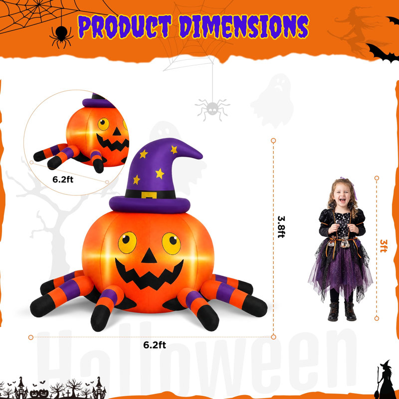 Citrouille d'araignée gonflable de 1,9 m avec lumières DEL pour la décoration extérieure de l'Halloween