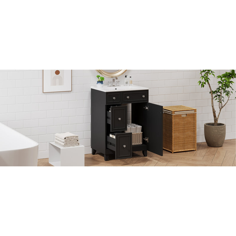 Meuble-lavabo noir - Lavabo en céramique et solution compacte avec rangement de 24 pouces, Noir