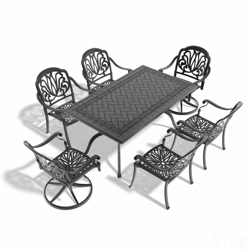 Ensemble de salle à manger 7 pièces en fonte d'aluminium toutes saisons comprenant 2 chaises pivotantes, 4 chaises et une table rectangulaire avec cadre noir