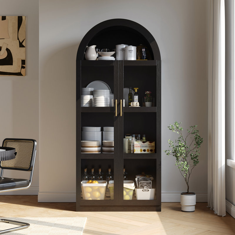 71” Arched Storage Curio Cabinet With Glass Doors, 3-Tier LED Display Cabinet For Collectibles, Black
