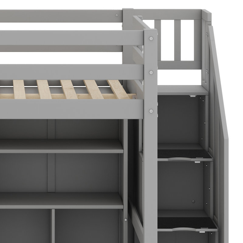 Lit mezzanine avec bureau en L et tiroirs, armoire et escalier de rangement, gris