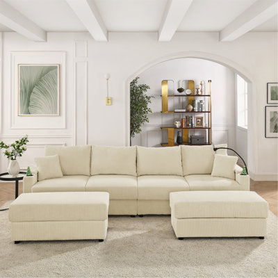 Modern Sofa Bed With Storage, With 2 Ottomans, Deep Seat Sofa With Cup Holders & Phone Holder , Corduroy Couch For Living Room