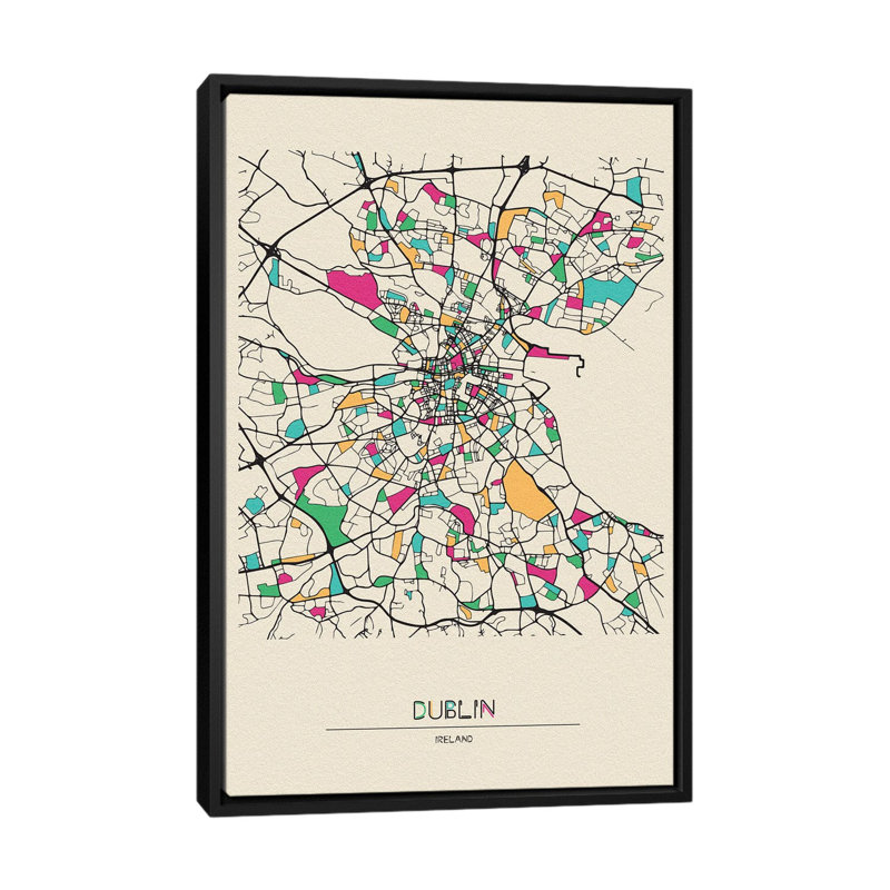 Dublin, Ireland Map by Ayse Deniz Akerman - Floater Frame Print on Canvas, Black Floater Framed, 101.6 cm H x 66.04 cm W