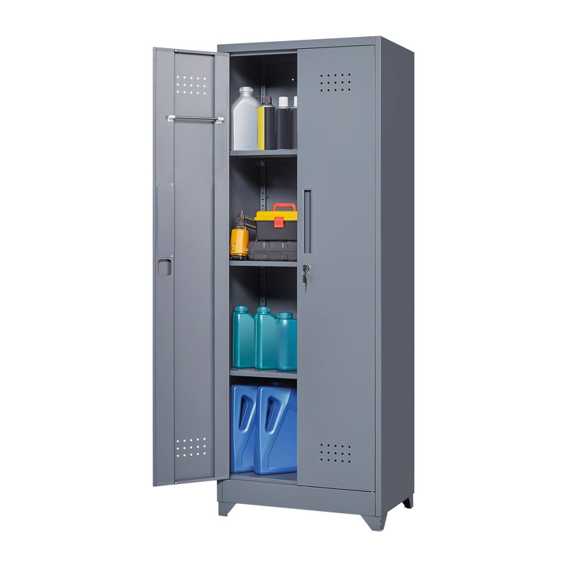 Storage Cabinet With Locking Doors And Shelves, 65" H Metal Storage Cabinet With Hanging Rod & S-Hooks, Cleaning Tool Storage Cabinet Grey