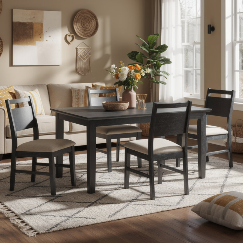 Ensemble de table de salle à manger 5 pièces Saby, 4 chaises d'appoint, bois d'hévéa noir, brun clair