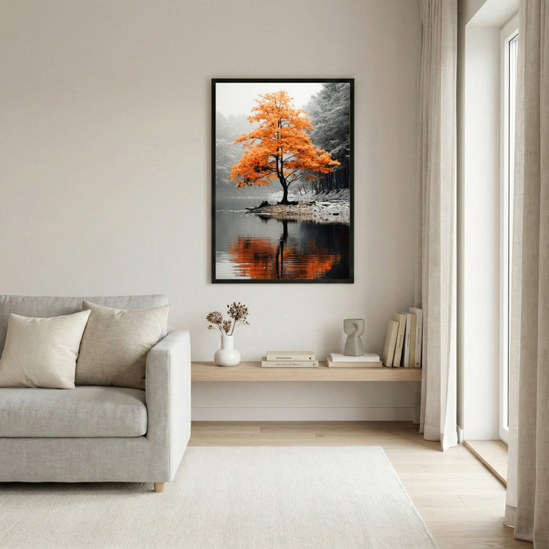 Arbre d'automne aux feuilles orange sur un lac, toile tendue sur châssis, ensemble de 1, H 30 po x l 20 po