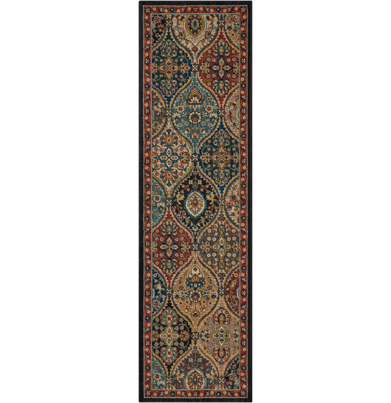 Tapis tissé à la machine Goldshell en bleu sarcelle / rouge / brun, Tapis de couloir 2 pi 3 po x 8 pi
