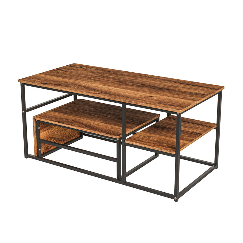 105Cm Modular Coffee Table Set (Set Of 2), Nesting C-Table With Multi-Level Shelves, Wood Grain, Black