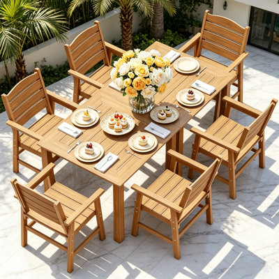  6 - Person All Weather Outdoor Table and Chairs 8 Pieces Patio Dining Sets Outside Furniture With Aluminum Frame HIPS Modern Patio Dining Set For Outside Backyard/Porch/Deck, 2-Tables 6-Chairs, Teak