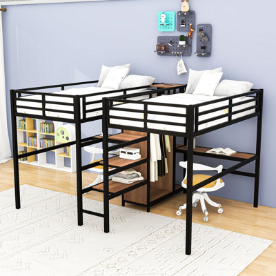 Lit mezzanine avec bureau double, garde-robe, tablettes et prises de courant