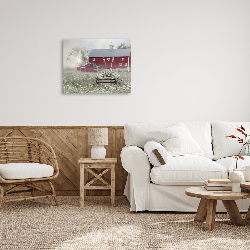 «Red Barn Floral Wagon Meadow Floater» par Lori Deiter, H 24 po x l 30 po x P 1,5 po, Toile tendue