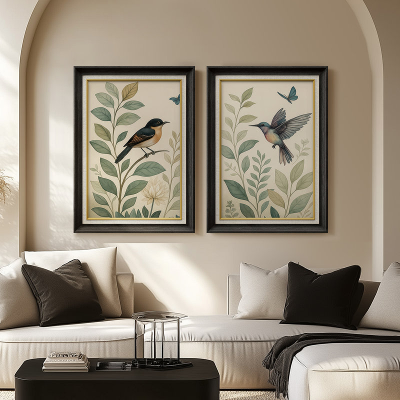 «Vintage Botanical Leaves with Birds Natural Study», ensemble de 2 reproductions d'art mural encadrées de qualité supérieure sur papier 26 po x 36 po