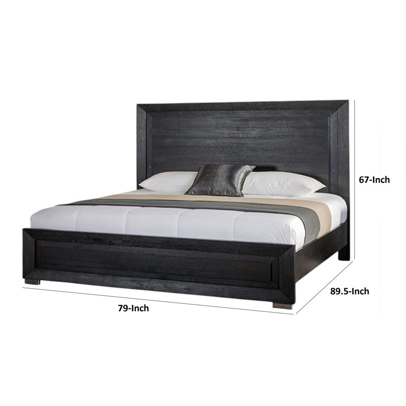 Ashen King Bed, LED Headboard, Chrome Metal Legs, Rustic Black Wood, King