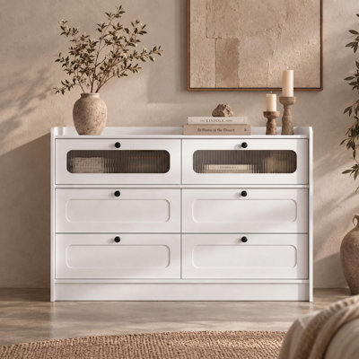 Commode cannelée en verre avec 6 grands tiroirs, blanc