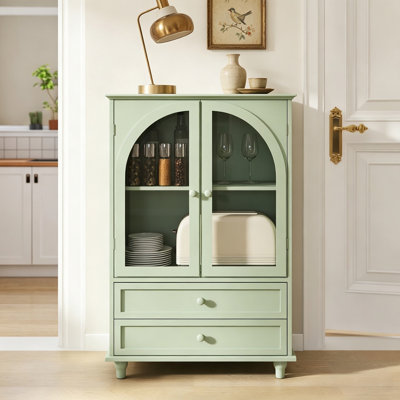 Buffet/garde-manger vert menthe avec porte vitrée cintrée et 2 tiroirs, idéal pour la cuisine, la salle à manger, le salon ou l'entrée.