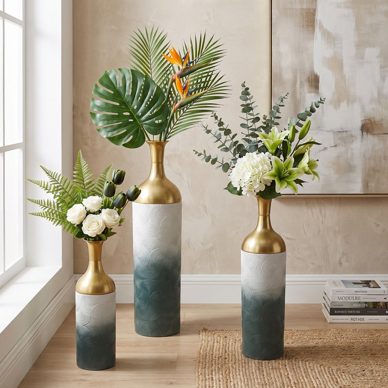 Ensemble de 3 vases de sol en métal texturé ondulé et dégradé, résistants à la rouille, pour fleurs séchées