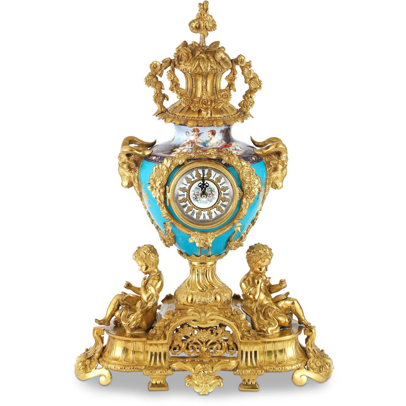 Teal & Bronze Porcelain Mantel Clock, 29 Inch Rococo Cherub Statement Clock with 3D Floral Crown & Goat Heads — Grand Centerpiece for Mantel & Console