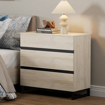 Nightstand With 3 Drawers For Bedroom, Modern Bedside Table With Black Square Iron Leg, Wood Rustic Side Table For Living Room