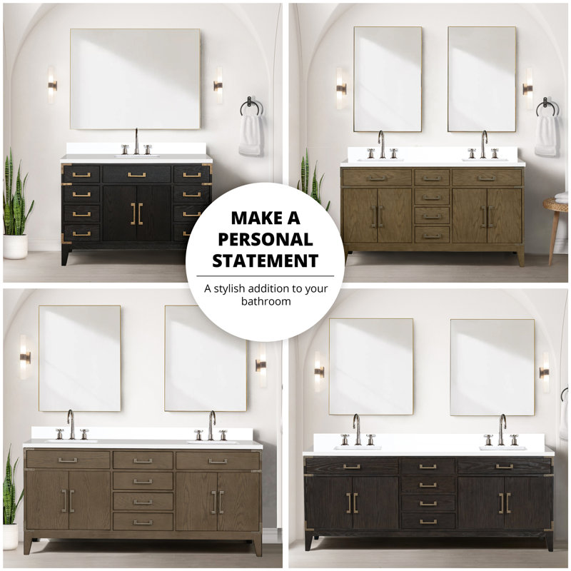 Meuble-lavabo double en chêne brun 84 po L, 22 P, plateau en quartz blanc, fermeture en douceur, 36 miroirs avec meuble-lavabo, inclus, tiroirs fermés
