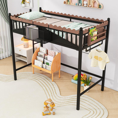 Metal Loft Bed with Built-In Shelves, Ladder and Guardrails