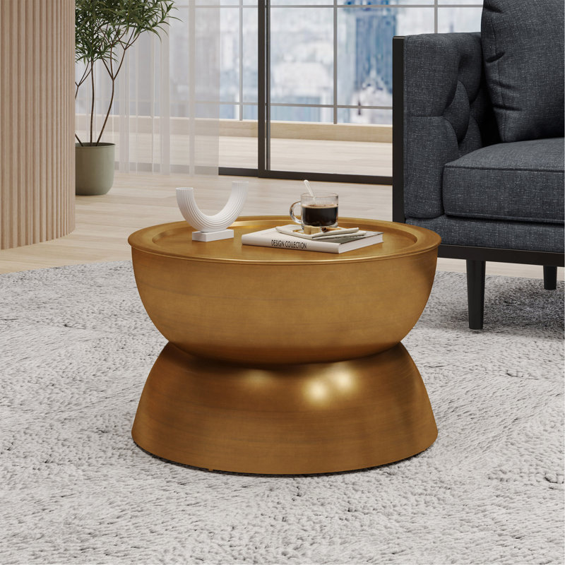 Ageliki Drum Iron Coffee Table with Lipped Tray Top, Antique Brush Gold