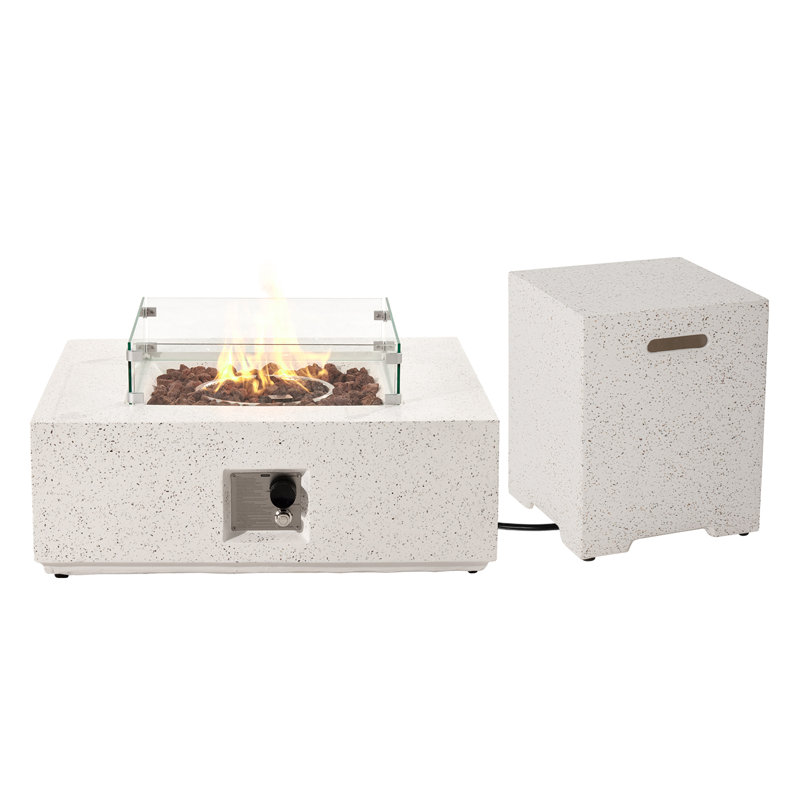 Outdoor Patio Propane Fire Pit Set with Tank Hideaway Side Table & Wind Guard, Terrazzo White