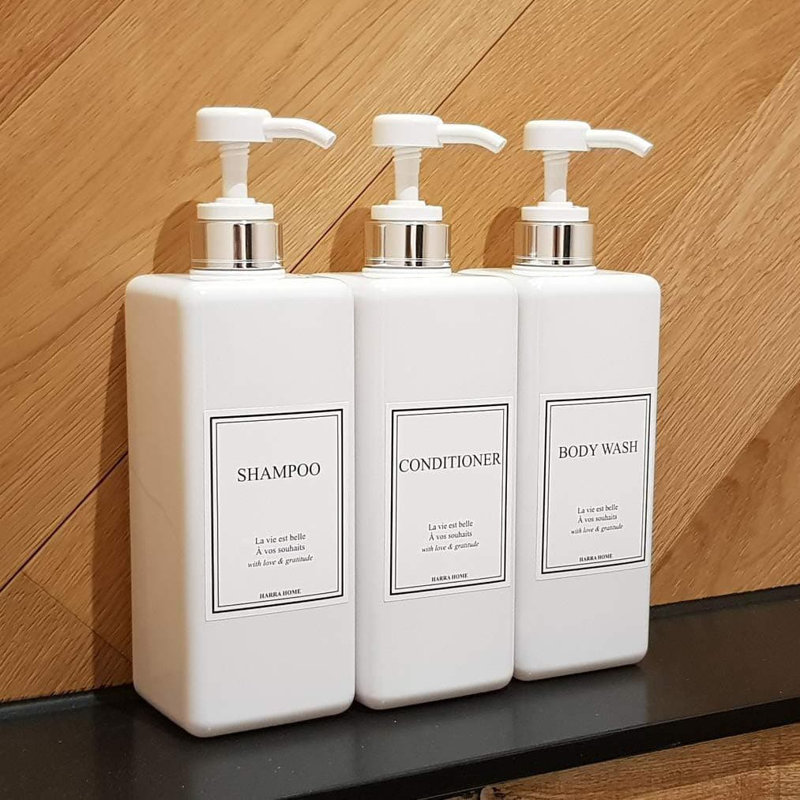 Empty Shower Plastic Bottles with Pump - 27 oz Refillable Shampoo/Conditioner Dispenser Set | Modern Gold Design for Bathroom Lotion, Body Wash | White & Silver 3-Pack