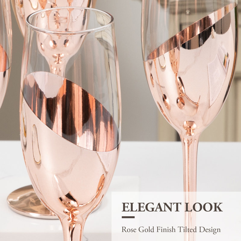 Set of 6 Rose Gold Stemmed Champagne Flute Glasses